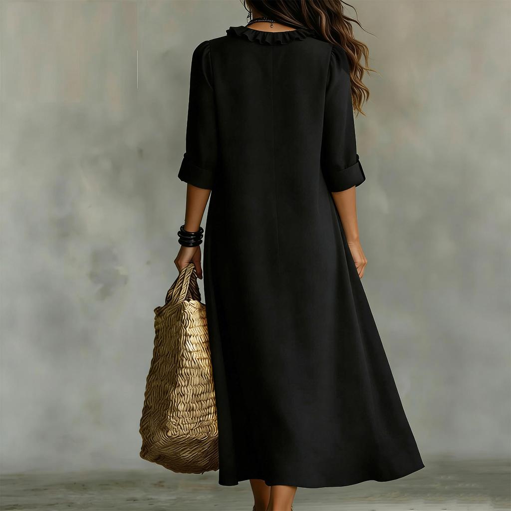 Women’s Summer Relaxed Fit Long Dress Cotton Linen V Neck Ruffle Trim Three Quarter Sleeve Casual Maxi Gown