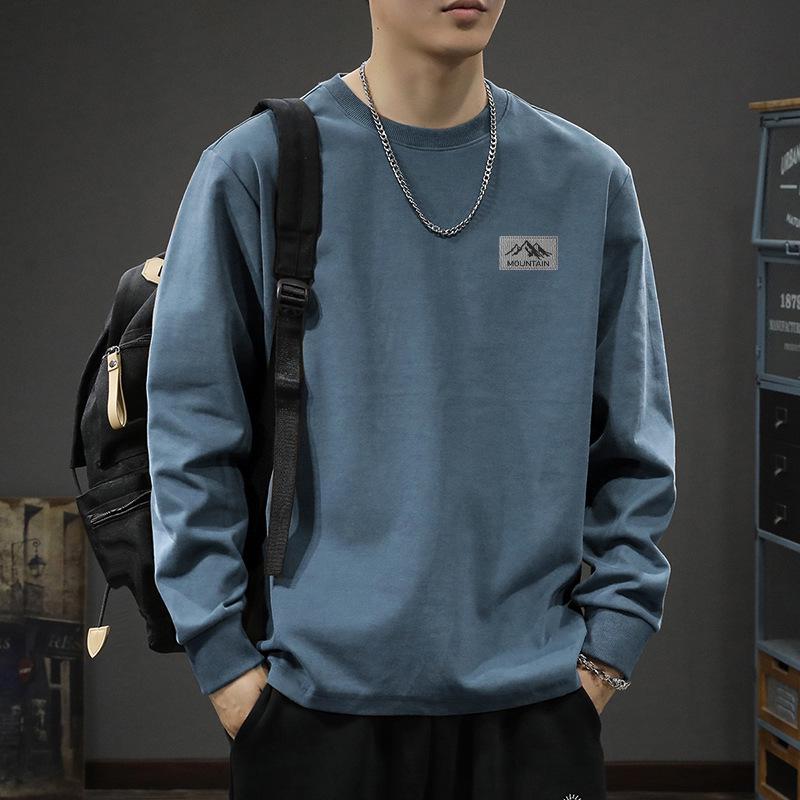 Men's Heavyweight Pure Cotton Crew Neck Long Sleeve T-Shirt for Teens - Spring/Autumn 2025