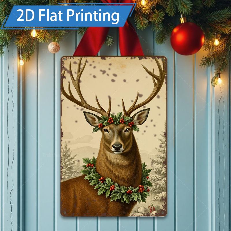 D FLAT Pc Metal Sign Christmas Deer Metal Sign Vintage Holiday Wall Art