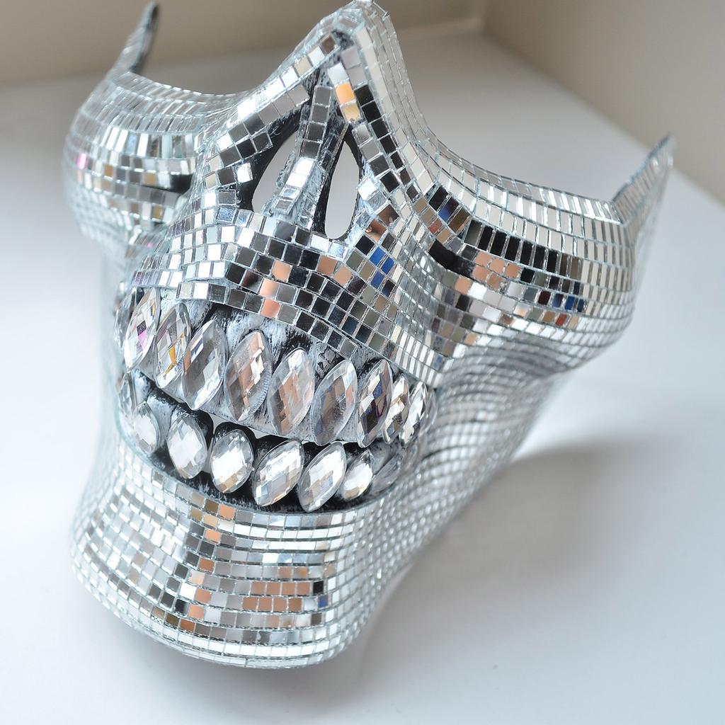 Crystal Skull Half Face Mask Dress Accessory Suitable for Halloween and Costume Parties with Reflective Disco Designs