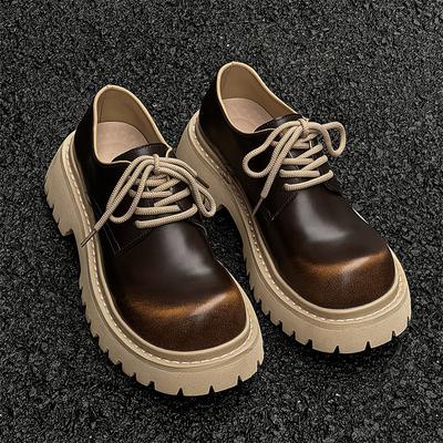 Men's and Women's Same Big Head British Retro Platform Heightened Round Head Small Leather Derby Shoes