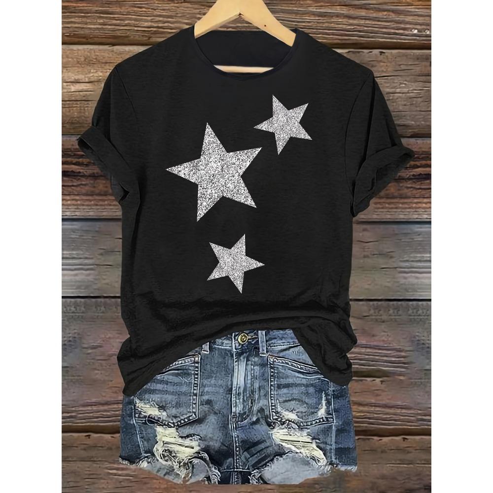 Women's Casual Round Neck Short Sleeve T-Shirt Sparkling Star Print  Loose Fit  Summer Fashion Showing Natural And Elegant Style