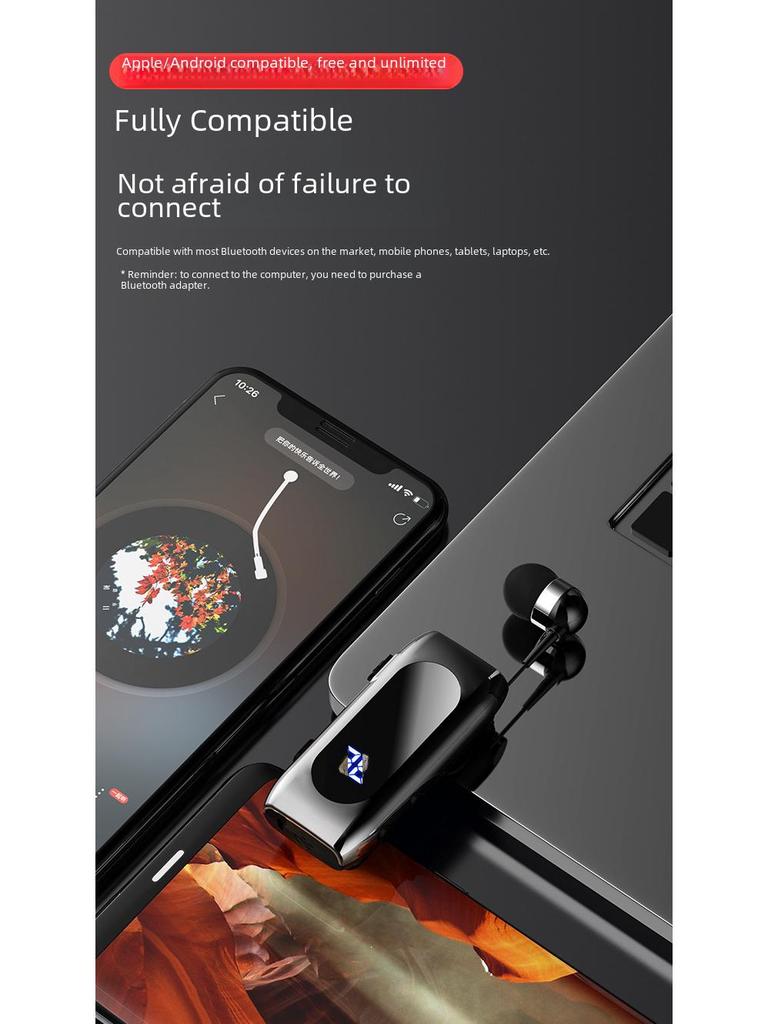 K55 Bluetooth Headset: Vibrating Call Alert, Clip-On Design, Retractable Cable, Smart Connection, Sports Single-Ear In-Ear Style