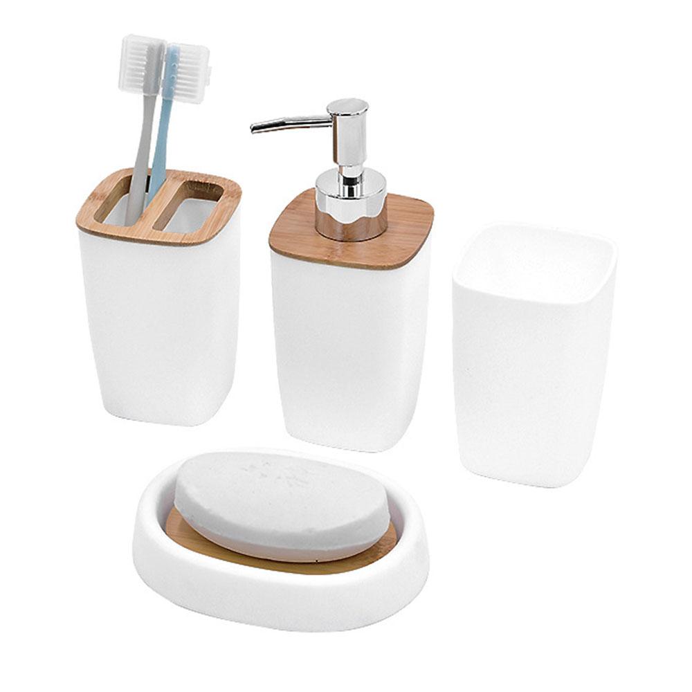 ZT230-4 4Pcs Luxury Bamboo PP Bathroom Toiletry Kit with Lotion Bottle Mouthwash Cup Toothbrush Holder Soap Dish