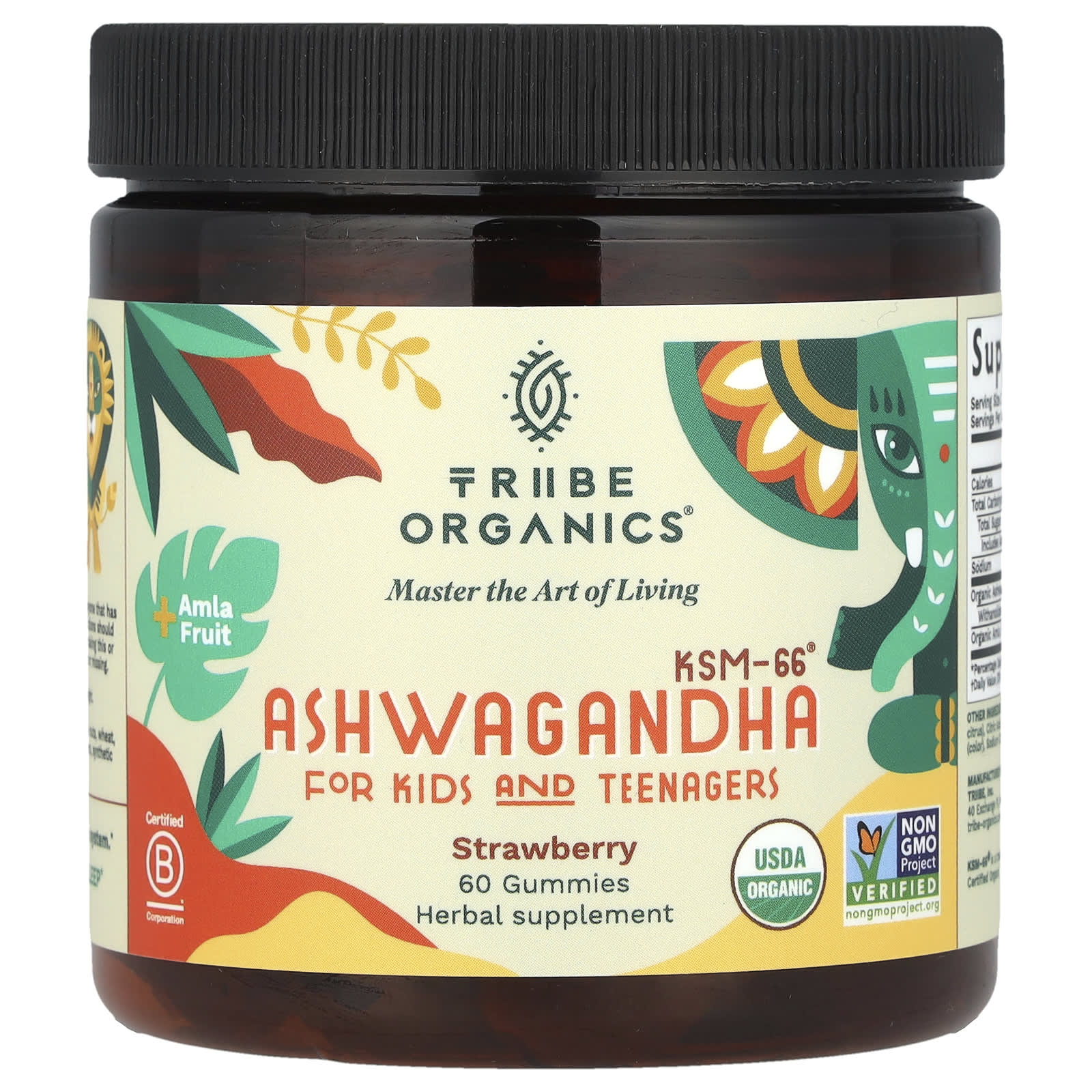 

Tribe Organics, Ашваганда KSM-66®, Для дітей та підлітків, Полуничний смак, 60 жувальних цукерок