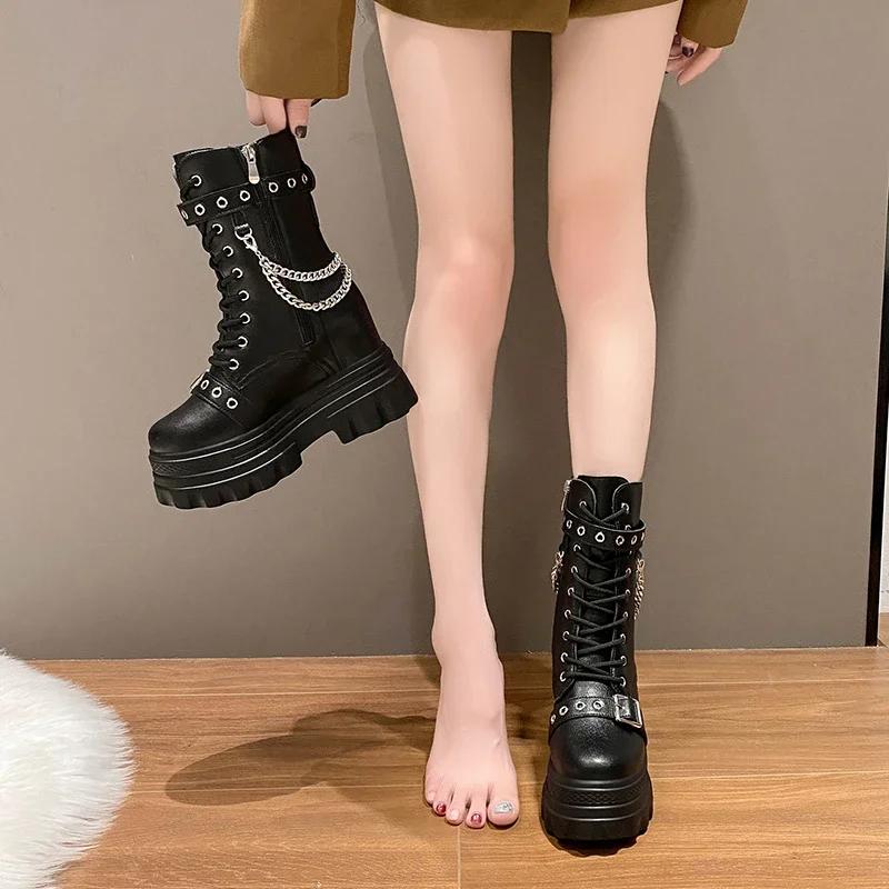 Fashion Women's Mid-calf Boots Autumn 2024 Fashion PU Leather Chain Platform Black Booties Punk British Style Casual Shoes for Ladies