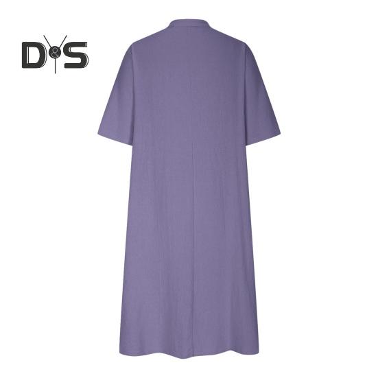 Summer Spring Dress with Pockets Buttoned V Neck Pleated Loose A-line Hem Half Sleeves Solid Color Midi Dress for Daily Wear Party Dating