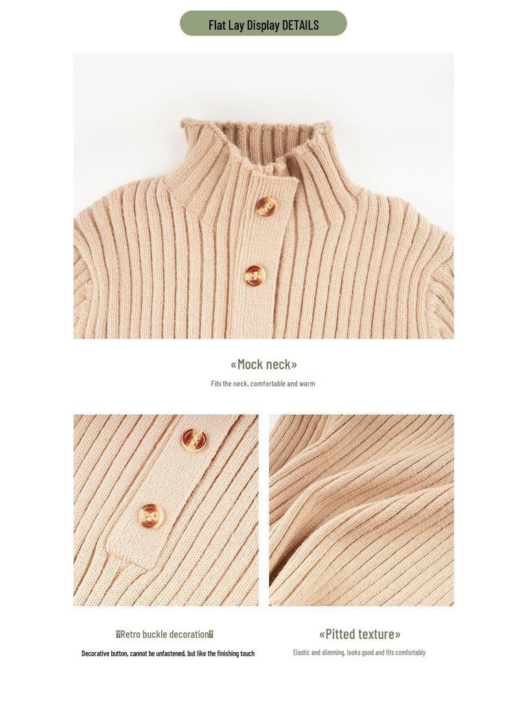 Autumn/Winter Girls' Mid-High Neck Ribbed Knit Sweater Top