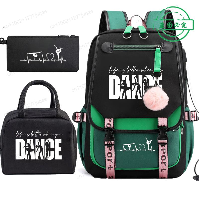 3pcs Dance Life Print Backpack Lunch Bag Pencil Case Set Student Dancing Dancer Fashion Schoolbag Pen Case Bento Pouch Suit Gift