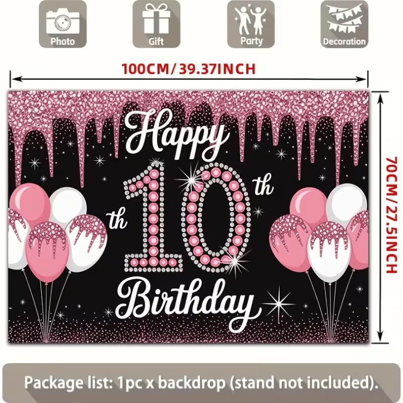 2D 10th Birthday Backdrop, Pink Sparkle Drip with Balloons Photography Background