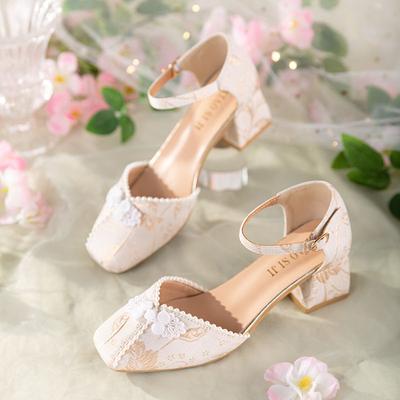 Mary Jane Shoes Women'S Summer Square Head Thick Heel Retro Daily Versatile Disc Buckle High Heel Sandals Cheongsam Shoes