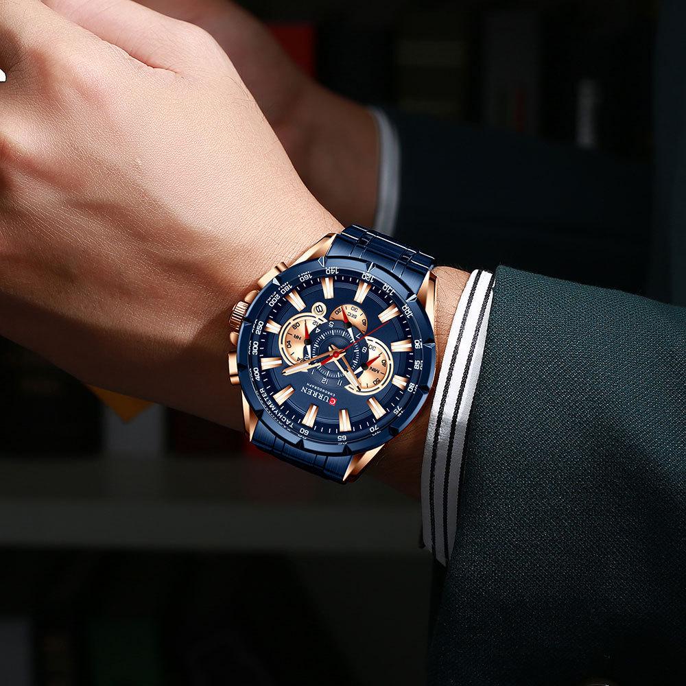 CURREN 8363 Men's Waterproof Quartz Steel Band Watch with Multifunctional Seven-Needle Design and Calendar/Weekday Display.