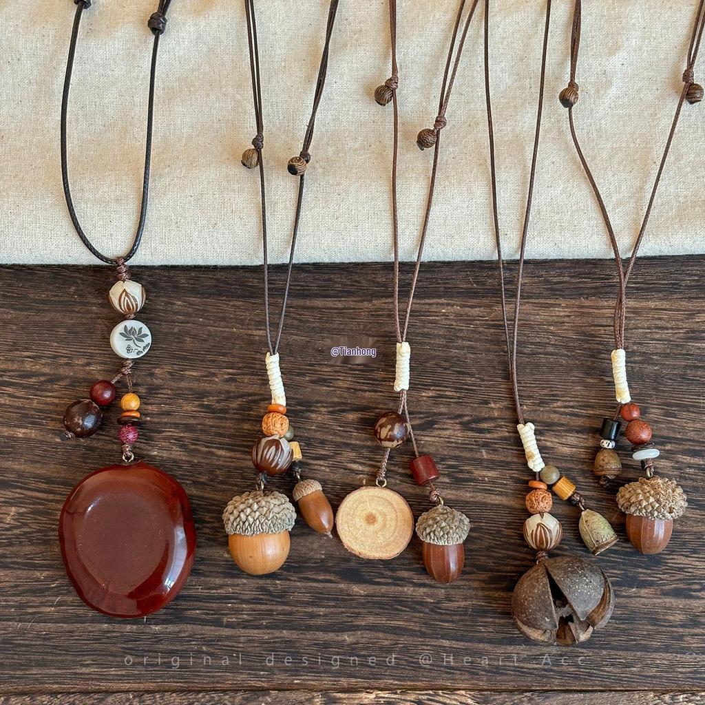 Zen Acorn Pendant Necklace: Ethnic Wooden Top Note with Plant Design for Women and Men