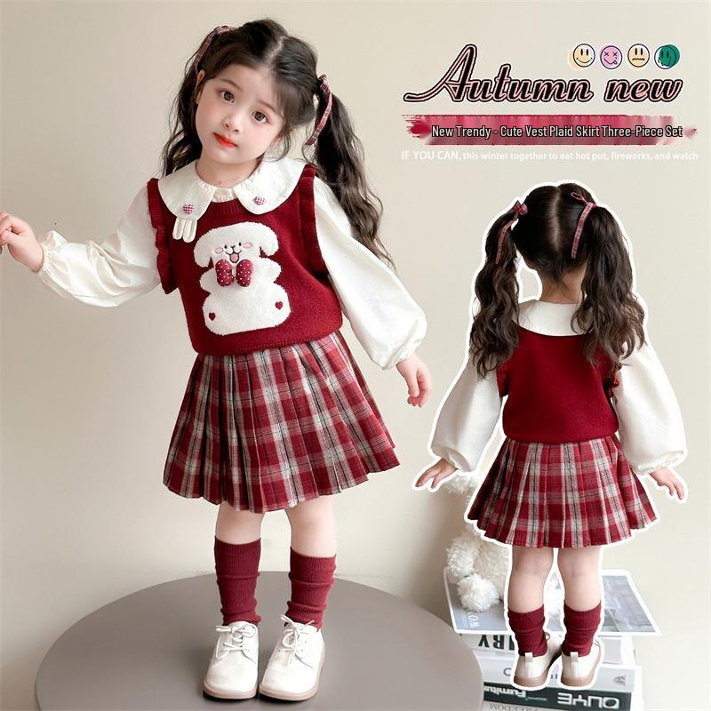 Autumn 2025 Girls' Cartoon Sweater Vest & JK Plaid Skirt Set