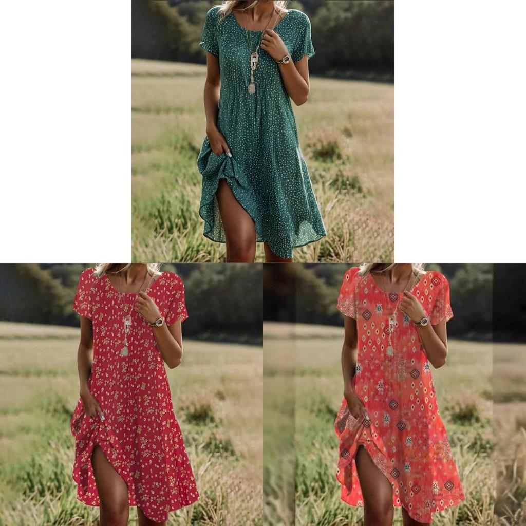 Mittellanges Kleid im Ethno-Stil aus Polyesterstoff mit Blumenprint für den Sommer