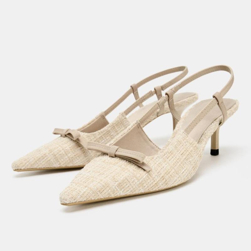 Fashion Bow Decorative High Heels Women High Quality Thick Tweed Slingback Kitten Heel Designer Shoes Elegant Banquet Dress Shoe