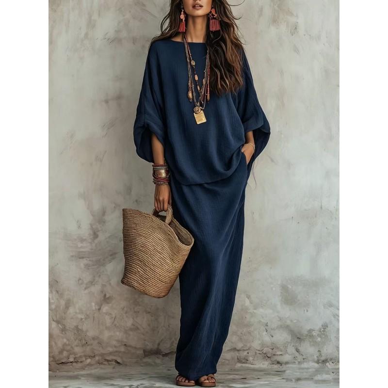 2026 Womens Loose Fit Solid Color Two-Piece Set T-Shirt Midi Skirt Casual Outfit