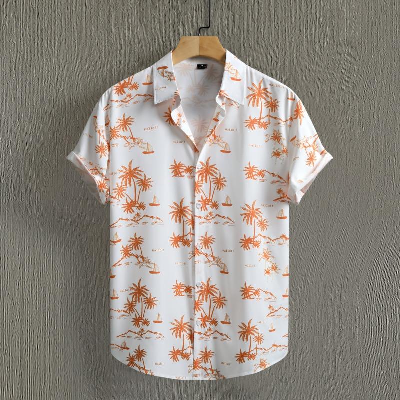 Men Coconut Tree Print Turn Down Collar Short Sleeve Casual Button Up Shirt S