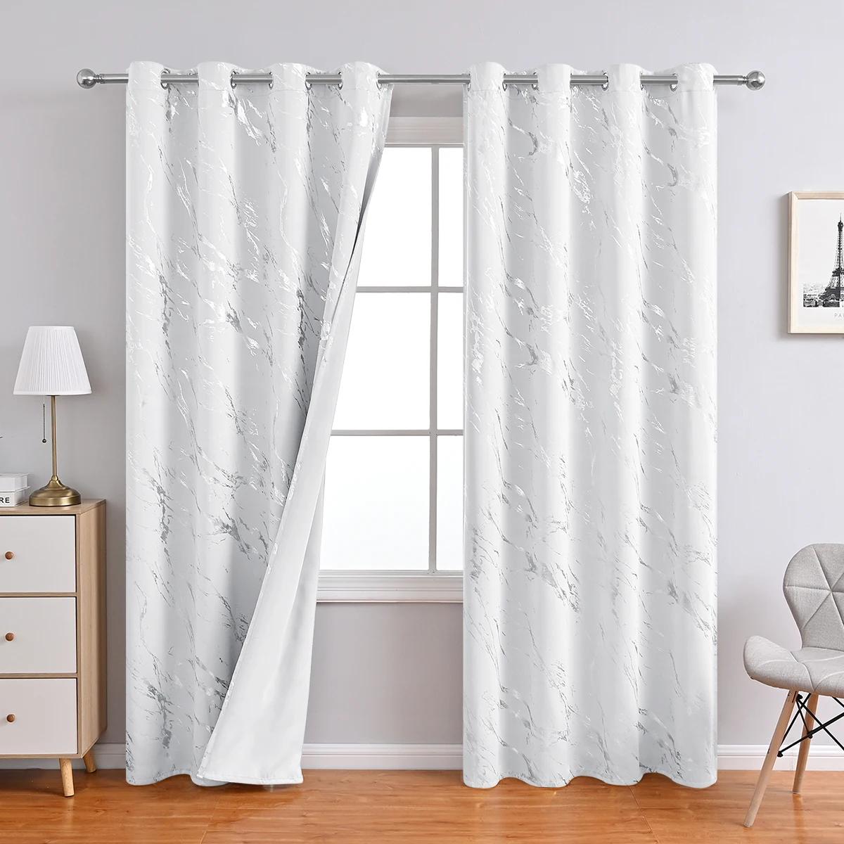 Moderne Marmere Print Gordijn Met Zilverfolie Hoge Precisie Verduisterend Enkel Paneel Voor Woonkamer Slaapkamer 100X130CM 1PC&Grommet Top wit