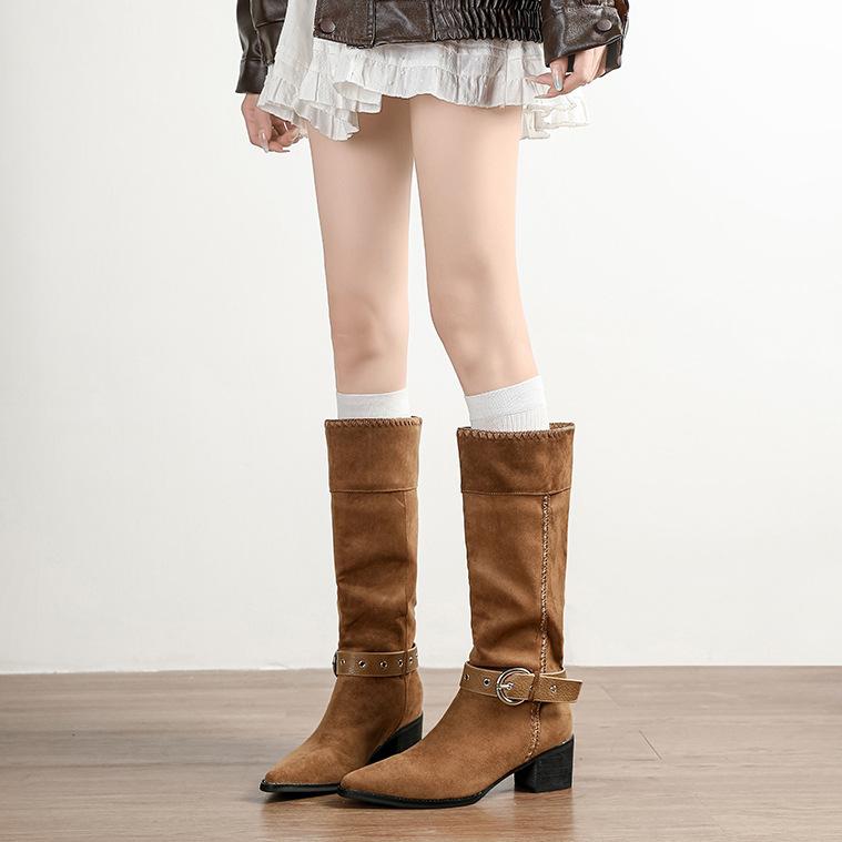 Brown Retro Western Cowboy Boots Women's 2025 New Autumn Pointed Thick Heel Knight Boots Stacking Boots Medium Boots