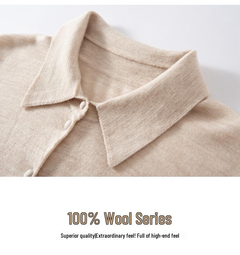 Autumn/Winter Women's Pure Wool Polo Collar Knit Cardigan