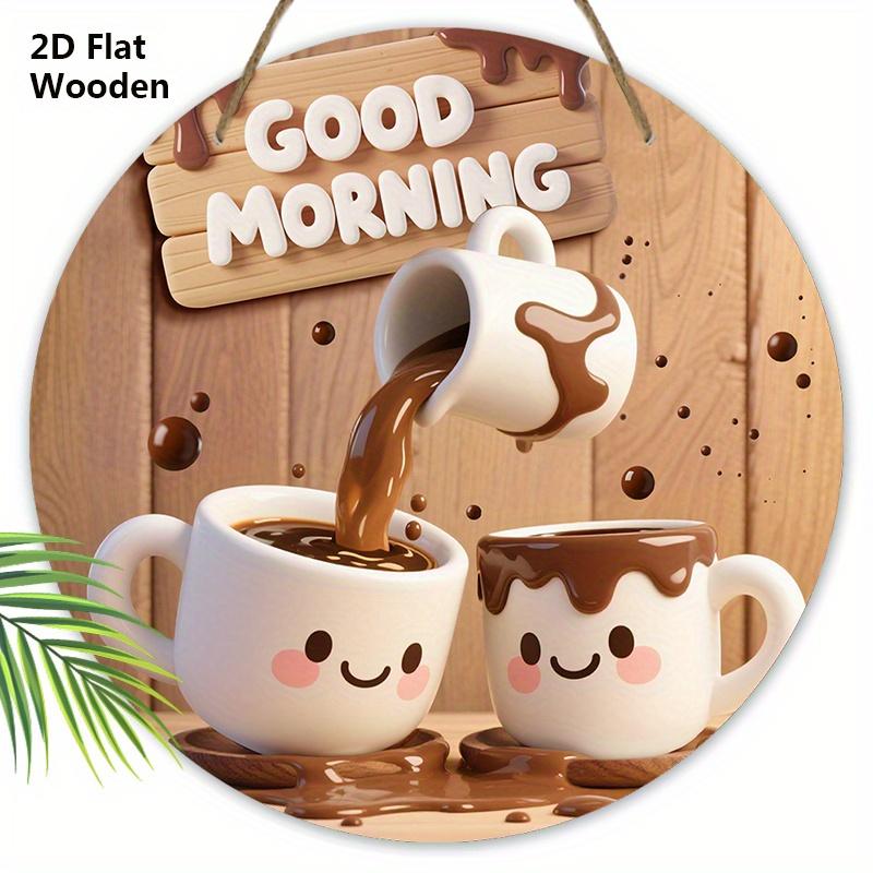 

2D Flat Good Morning Wooden Sign with Adorable Coffee Cup Pattern - Charming Decorative Sign & Plaque for Home, Office Decor 20cm/7.87in кофейный