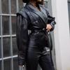 Vintage V-neck Belt Faux Leather Jackets Women Chic Full Sleeve Lace Up High Waist Lapel Overcoat Autumn Female Street Outerwear