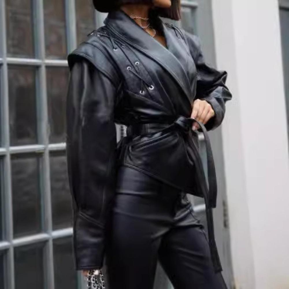 Vintage V-neck Belt Faux Leather Jackets Women Chic Full Sleeve Lace Up High Waist Lapel Overcoat Autumn Female Street Outerwear