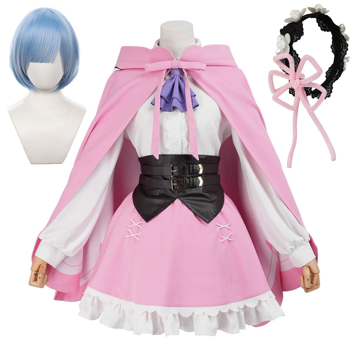 HOLOUN Zero Anime Ram Rem Cosplay Kostuum Pruik Groene Roze Cape Rok Hoofddeksel Conventie Halloween Comic Feest Outfit XXL pink