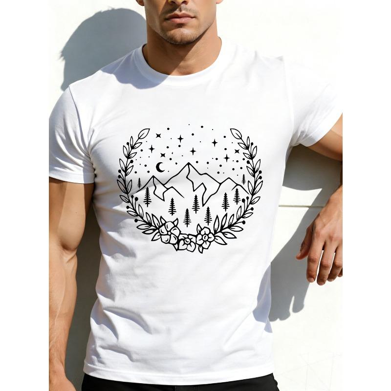 

Casual Style Men S T-Shirt Nature Mountain And Star Pattern Summer Outdoor Wear Gift for Him S белый