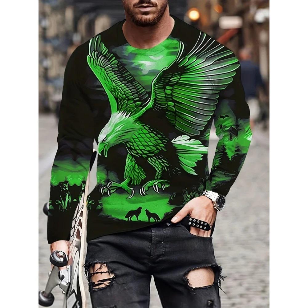 Street trend 3D eagle print men's casual round neck long sleeved T-shirt