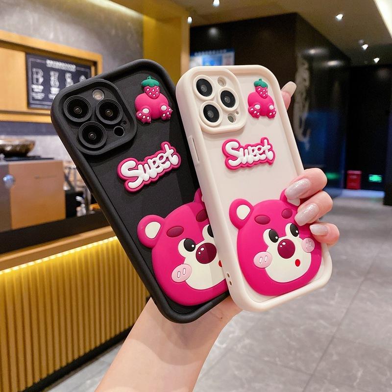 Applicable to Apple 15promax mobile phone case cute sweet strawberry bear iPhone16 women's 12 three-dimensional cartoon