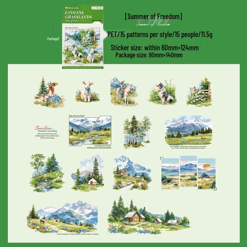 Pack d'autocollants pour animaux de compagnie Yi Niao: Série Prairie Infinie - 6 Styles & 15 Feuilles d'Autocollants de Paysage sur le Thème des Scènes Saisonnières