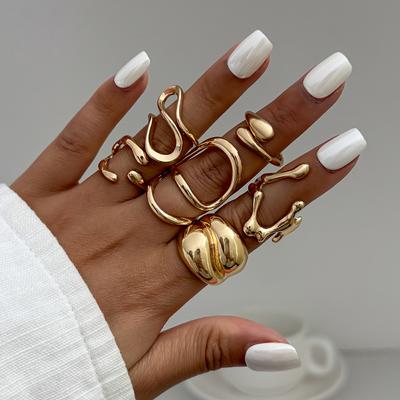 Salircon 6Pcs/set Vintage Irregular Gold Color Open Ring for Women Classic Geometry Smooth Metal Finger Ring Couple Jewelry Gift