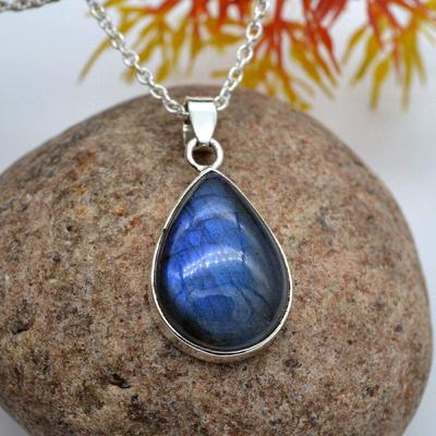 Pear Cabochon Natural Labradorite (12.85 Cts) Pendant Necklace Solid 925 Sterling Silver Gemstone Pendant with Chain Jewelry