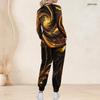 Women Plus Size Black Gold Printed V Neck Long Sleeve Nurse Scrub Two Piece Set With Pockets
