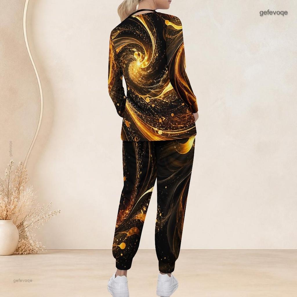 Women Plus Size Black Gold Printed V Neck Long Sleeve Nurse Scrub Two Piece Set With Pockets
