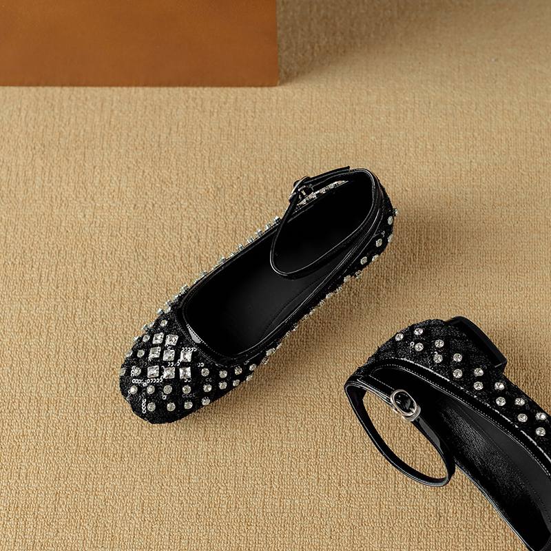 Krazing Pot Knitwear Sheepskin Summer Size 40 Crystal Low Heels Ankle Straps Rhinestone Square Toe Elegant Sweety Pumps