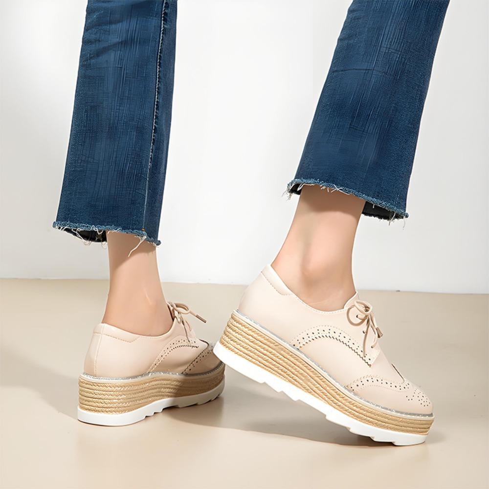 2026 New Women Round Toe Deep‑Cut Patent Leather Lace‑Up Wedge Platform Pumps, British Style Height‑Increase Versatile Thick‑Sole Casual Leather Shoes