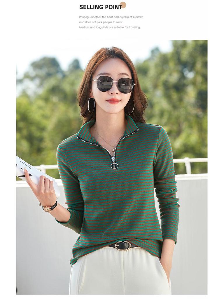 Women's Striped Pure Cotton Long Sleeve T-Shirt, Autumn/Winter 2025, Fashionable Slimming Base Layer with Zippered Stand Collar