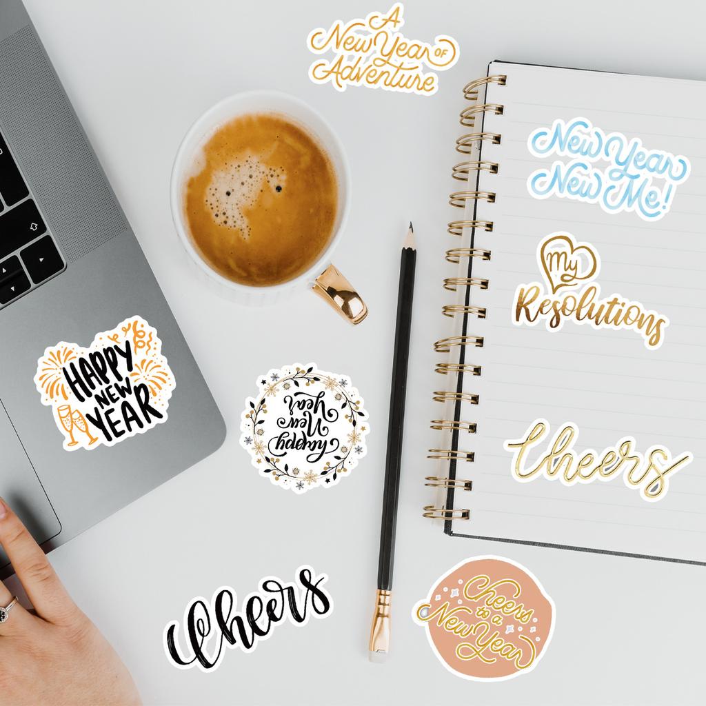 50 Pieces of New Happy New Year Graffiti Stickers, Water Cup, Mobile Phone Waterproof Decorative Stickers, Text Creative Stickers