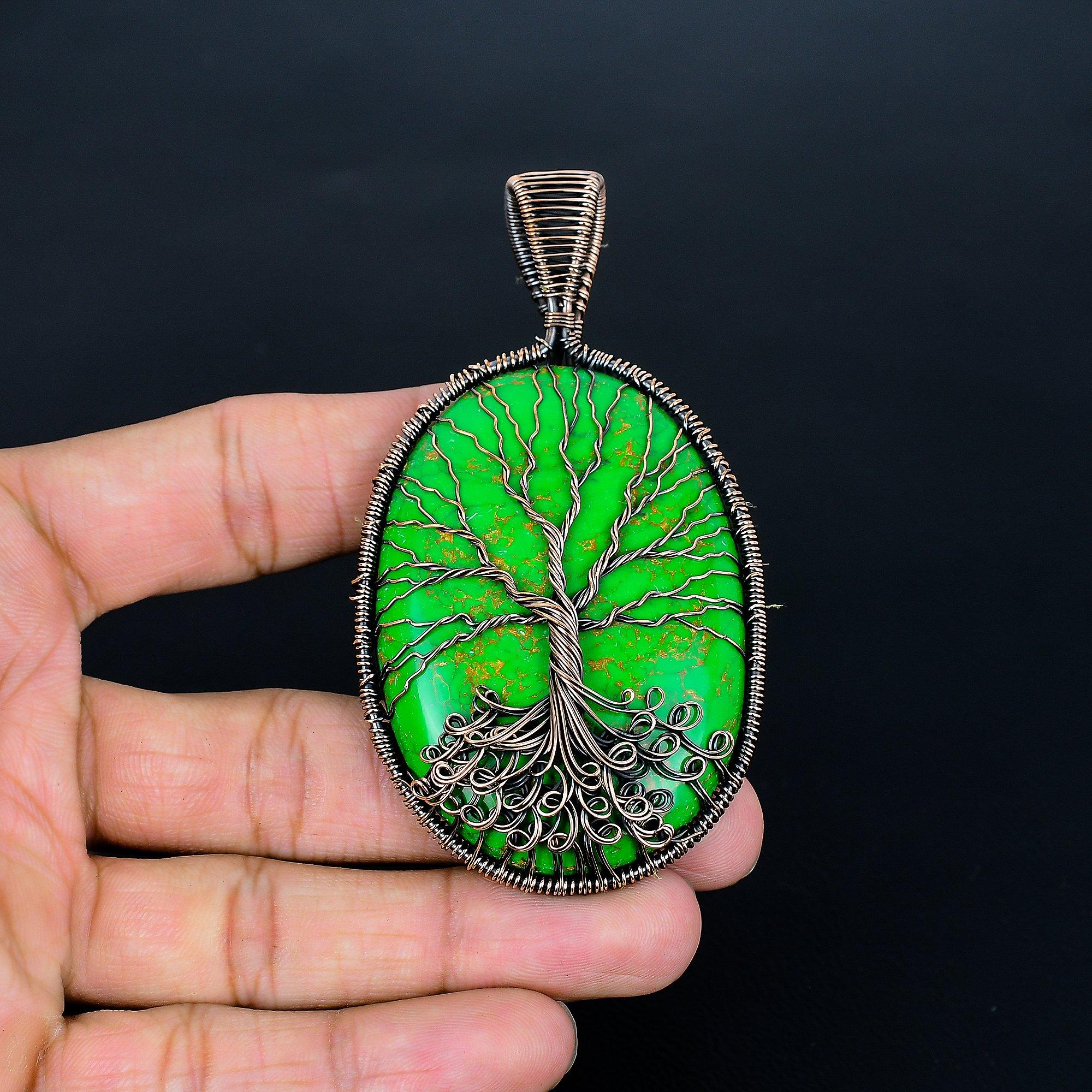 

Green Copper Turquoise Pendant, 999 Copper Wire Wrap Tree Of Life Gemstone Jewelry, Handmade Pendant Amazing Jewelry, Gift For Her 3.54 Inches зелёный