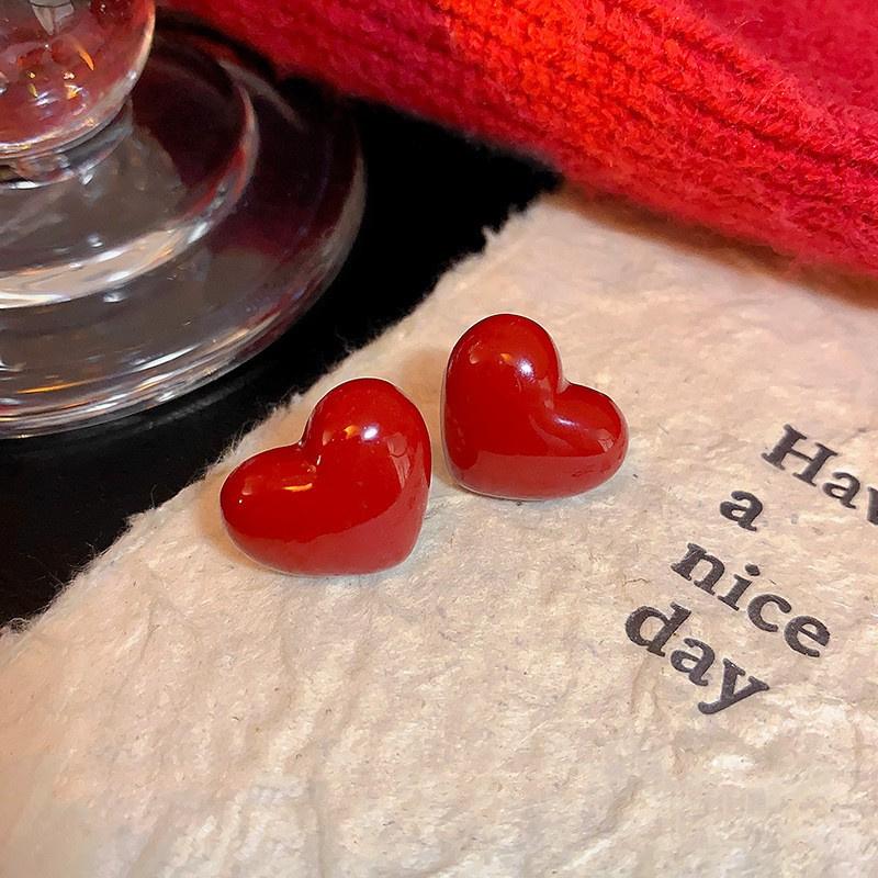 Good Luck Red Stud Earrings For Women Simple Flower Love Heart Geometric Earring New Year Christmas Festival Jewelry Gifts