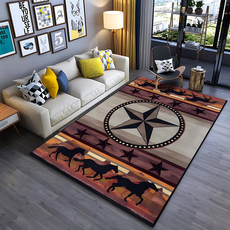 Western Star and Horse Pattern Rug Non-slip Rug Suitable for Living Room and Bedroom Sofas.