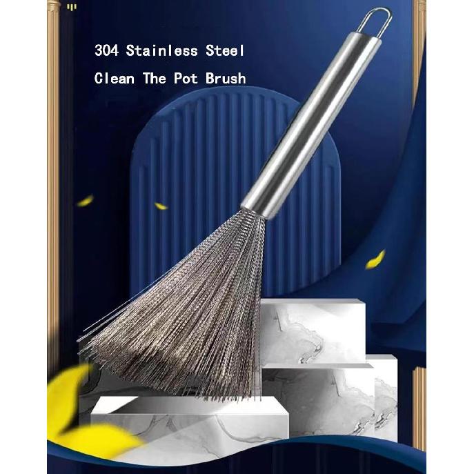 2Pcs Pots and Pans Clening Brush, Stainless Steel Scrubber Brush for Cookware Long-Handled Sink Cleaner Brush-2Hooks