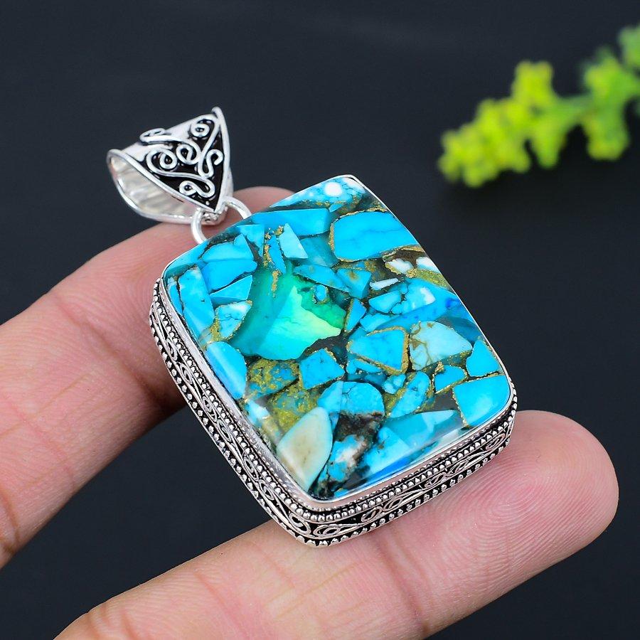 Copper Blue Turquoise Gemstone 925 Sterling Silver Jewelry Pendant 2.05" m5J99