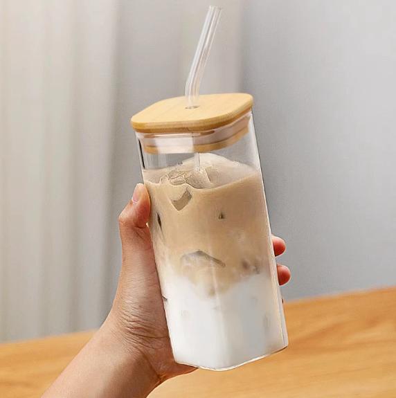 New 400ML Square Glass Coffee Cup Heat-Resistant with Lid And Straw Ideal for Milk Tea Juice Smoothies Home Bar Drinks Milk Cup
