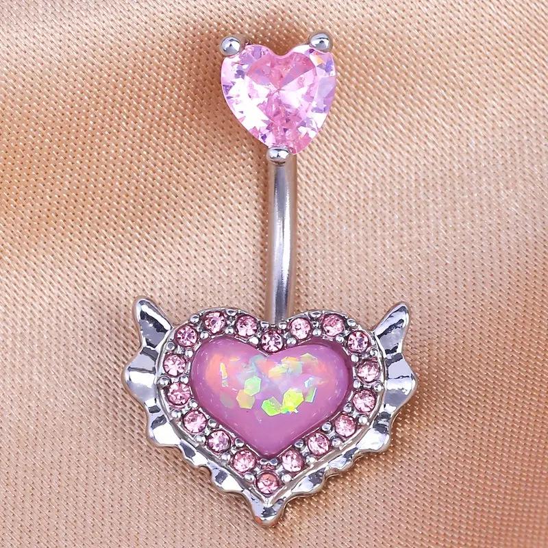 Zircon Pink Wing Key Heart Belly Button Ring and Butterfly Earrings Set