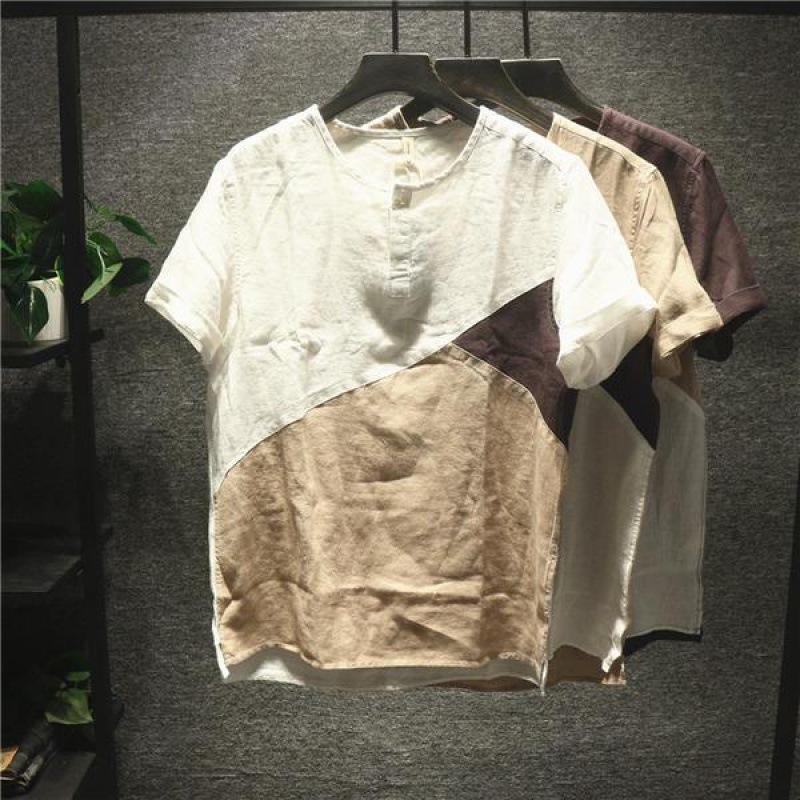 Japanese Retro Linen Fabric Color Matching Shirt Men's Summer Casual Loose Round Neck Short-sleeved Men's T-shirt