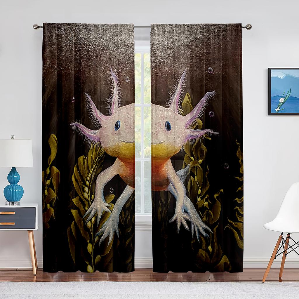 Cartoon Watercolor Axolotl with Hat Sheer Voile Curtain Sealife Reptiles Chiffon Tulle Curtains for Living Room Bedroom Drapes